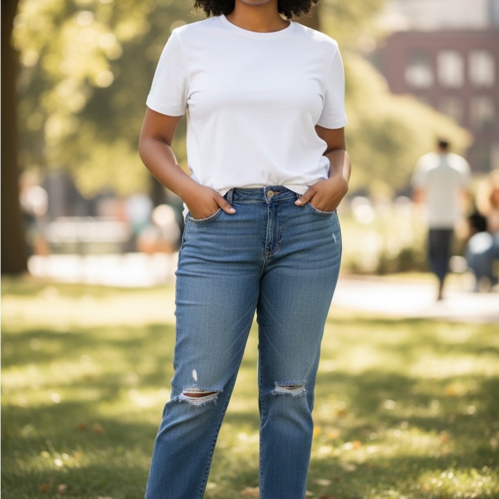 Old Navy Mid Blue Straight Leg Jeans with Knee Distressing